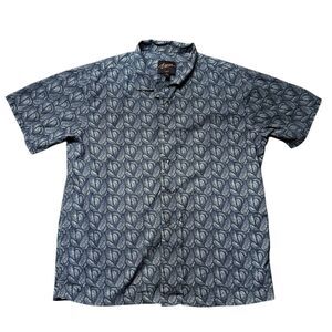 Egara Mens XL Slim Fit Button Up Shirt Blue Leaf Print Short Sleeve Cotton Top